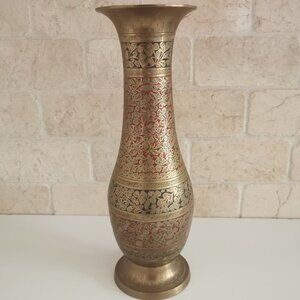 Vintage Etched Brass Vase 12" Indian Handpainted Blue Red Accents Floral Vines
